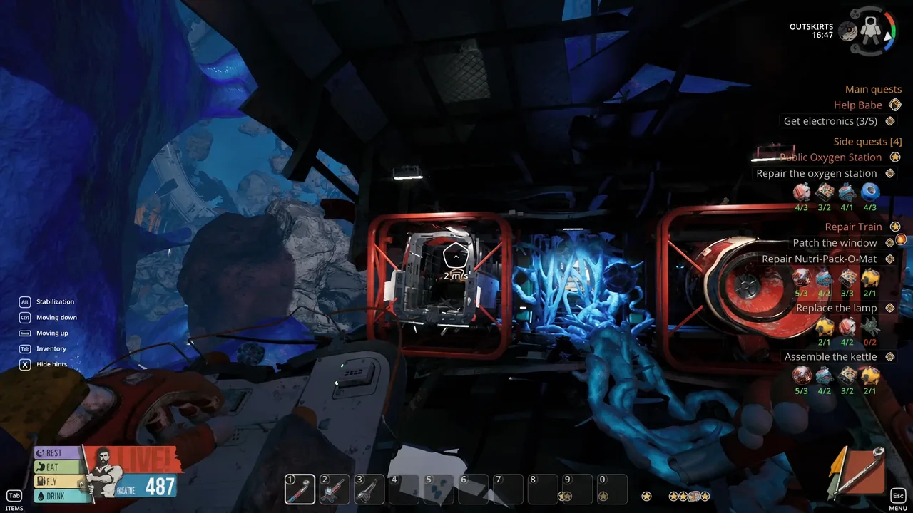 Outskirts area in Breathedge 2 with the Repair the Oxygen Station objective tracked on screen