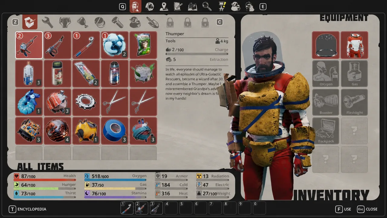 Equipment inventory screen with the Thumper tool selected, showing charge, extraction and weight stats