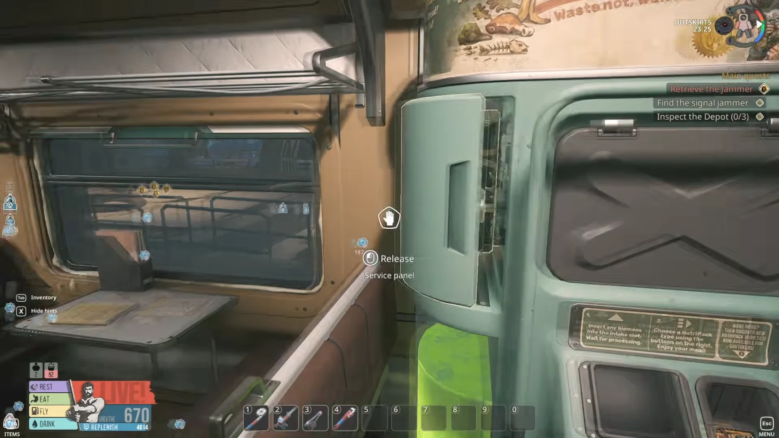 A Service panel in the Outskirts with the Release interaction prompt on screen