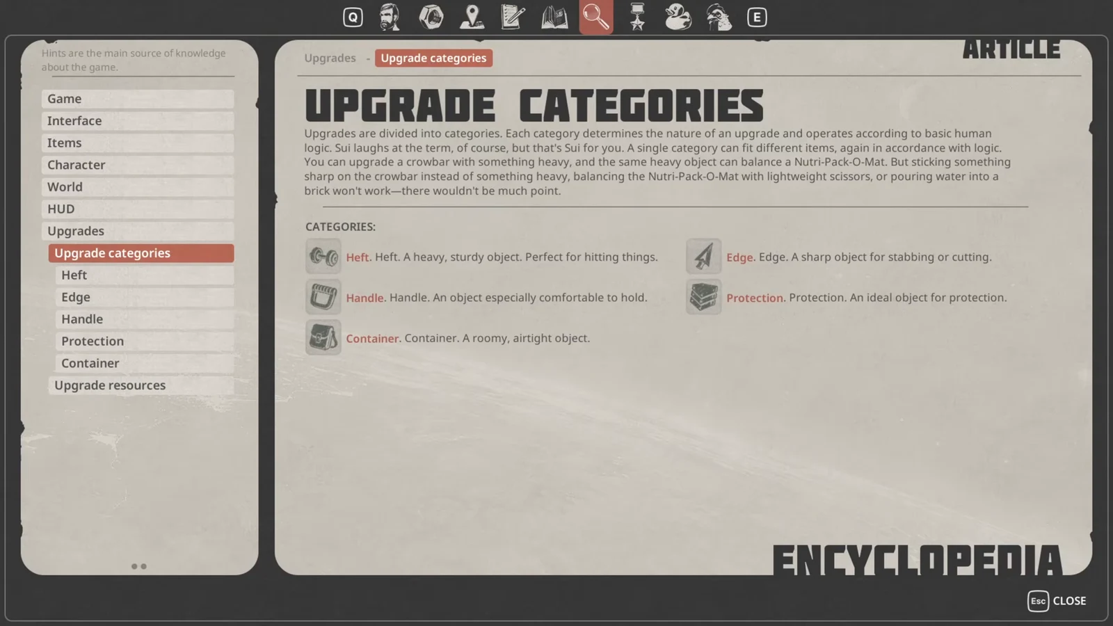 Encyclopedia page listing the five upgrade categories: Heft, Edge, Handle, Protection and Container