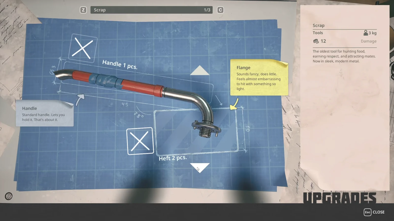 Scrap upgrade screen showing the tool assembly with the Flange component highlighted