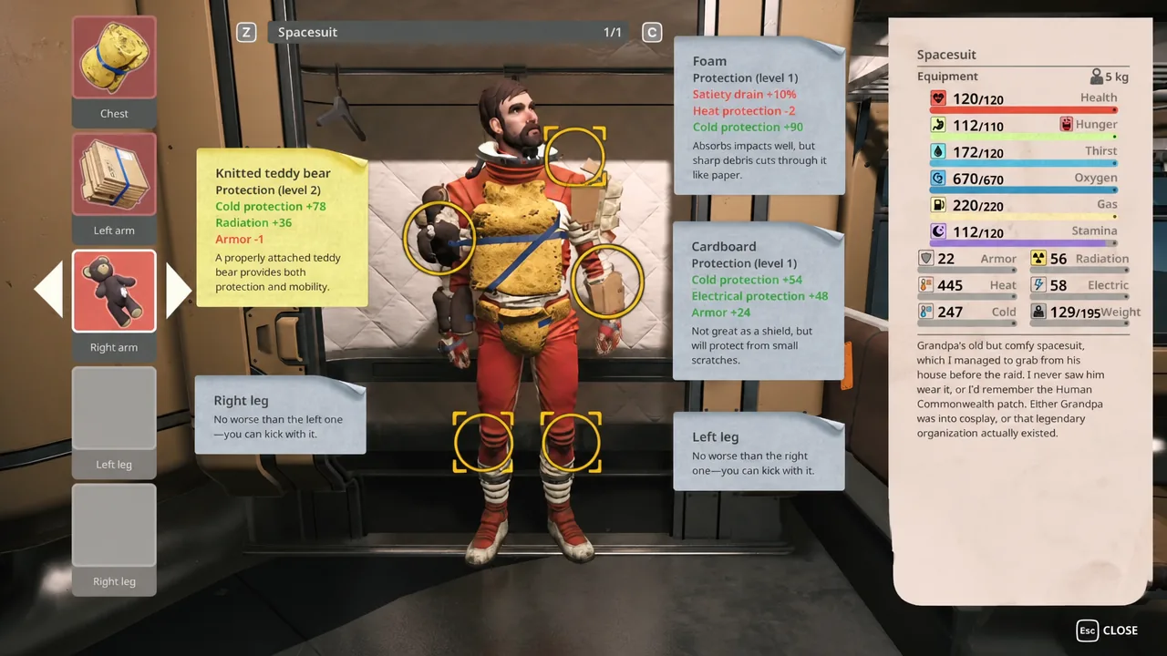 Spacesuit screen with the Right arm slot selected, showing the Knitted teddy bear protection stats