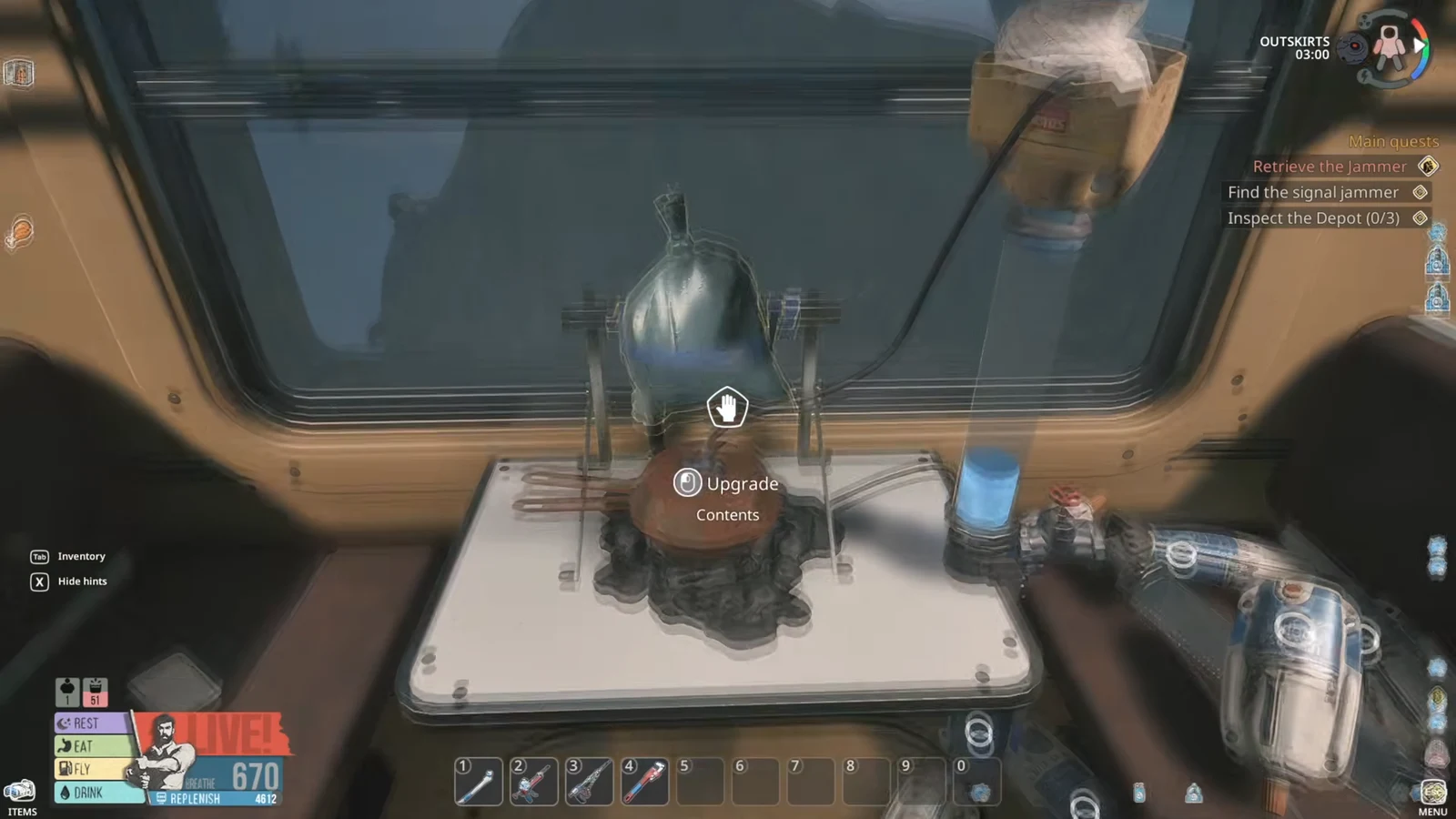 The Upgrade interaction prompt shown on a workbench device during the Retrieve the Jammer objective