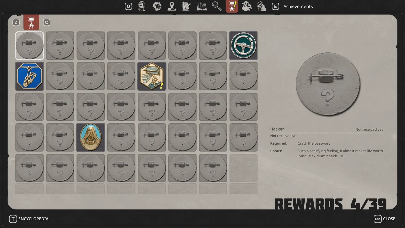 The Achievements rewards menu listing an entry with its requirement text and stat bonus