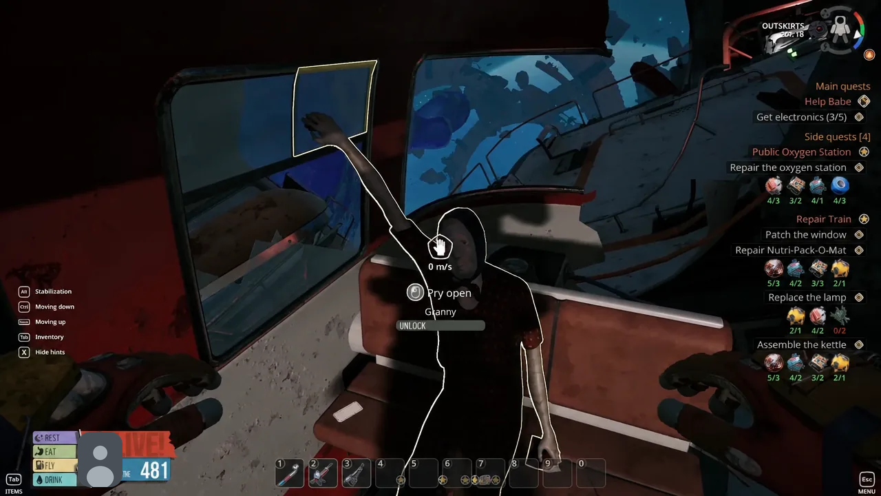 The Pry open interaction prompt shown next to the Granny NPC holding the bus window