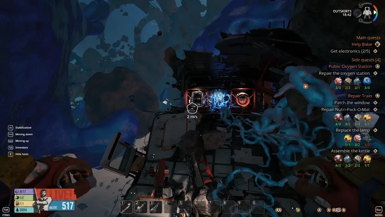 The wrecked red and white bus floating in the icy canyon below the Outskirts station platform