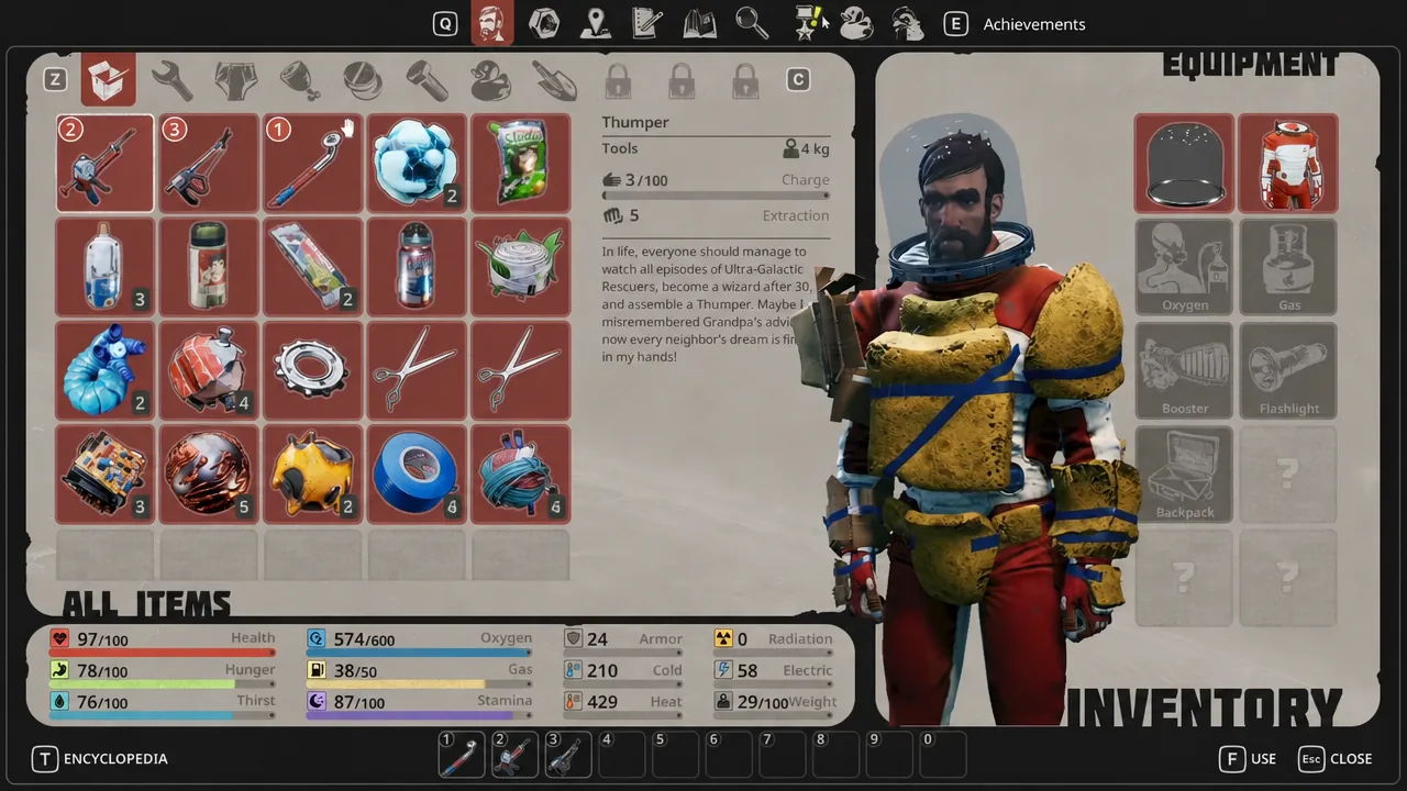 Breathedge 2 inventory screen with the Thumper selected in the All Items grid