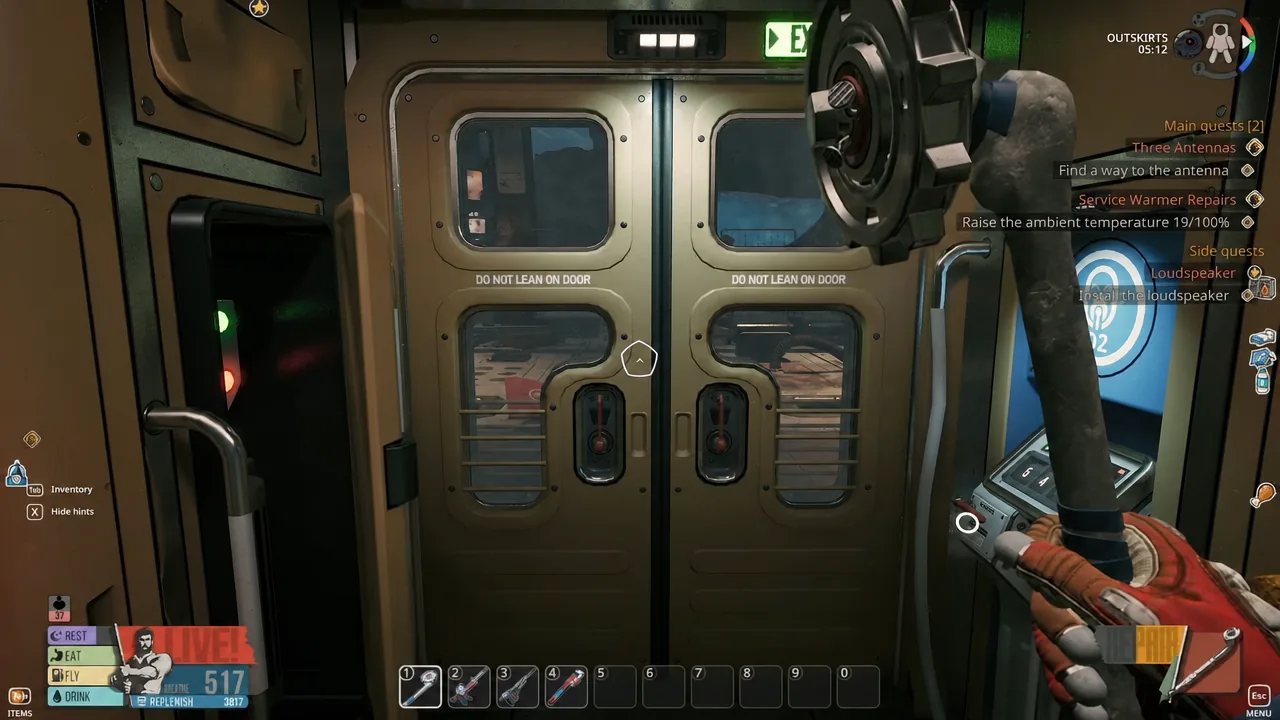 Interaction reticle highlights the central double doors before heading out to the Outskirts