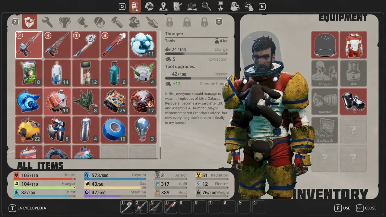 Inventory screen showing gathered tools and resources after dismantling