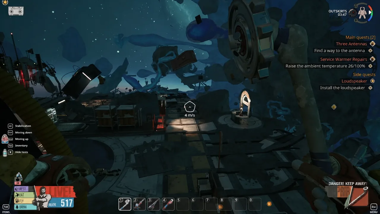 Outskirts view with the quest objective to find a way to the antenna while exploring wreckage