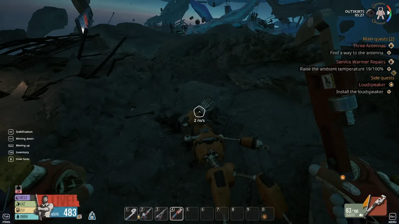 Aiming the Twister at a downed robot on the Outskirts to reveal the dismantle prompt