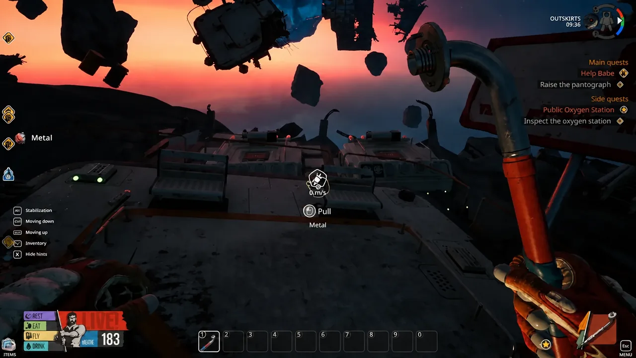 The Pull Metal prompt appears as the player aims at a floating piece of metal