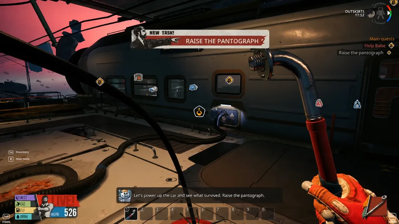 Player faces the pantograph mechanism with the raise the pantograph objective on screen