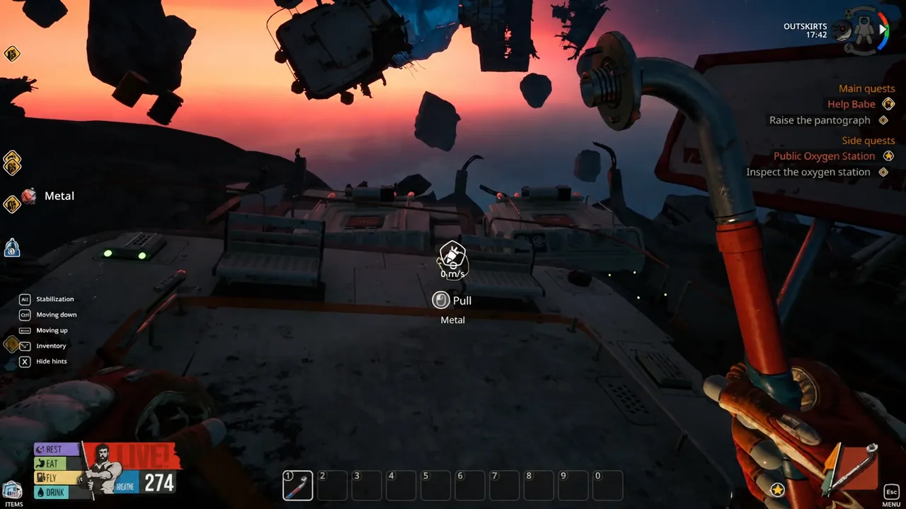The Pull Metal prompt appears as the player aims at a floating piece of metal