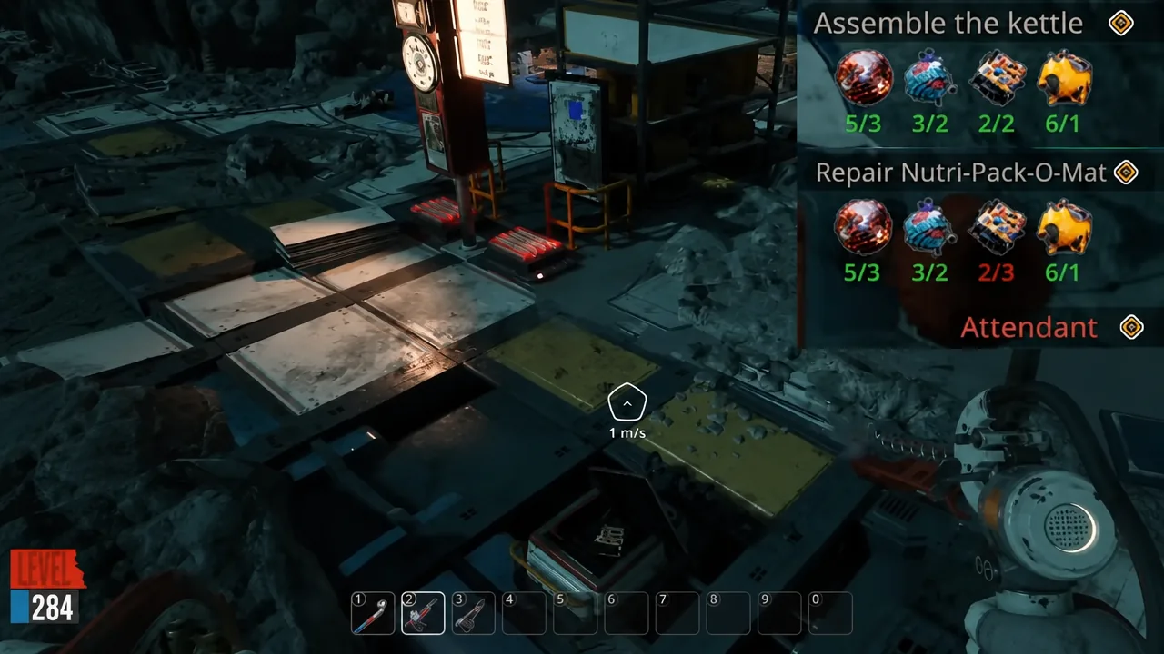 Objective overlay showing the kettle and Nutri-Pack-O-Mat repairs with component icons and counts