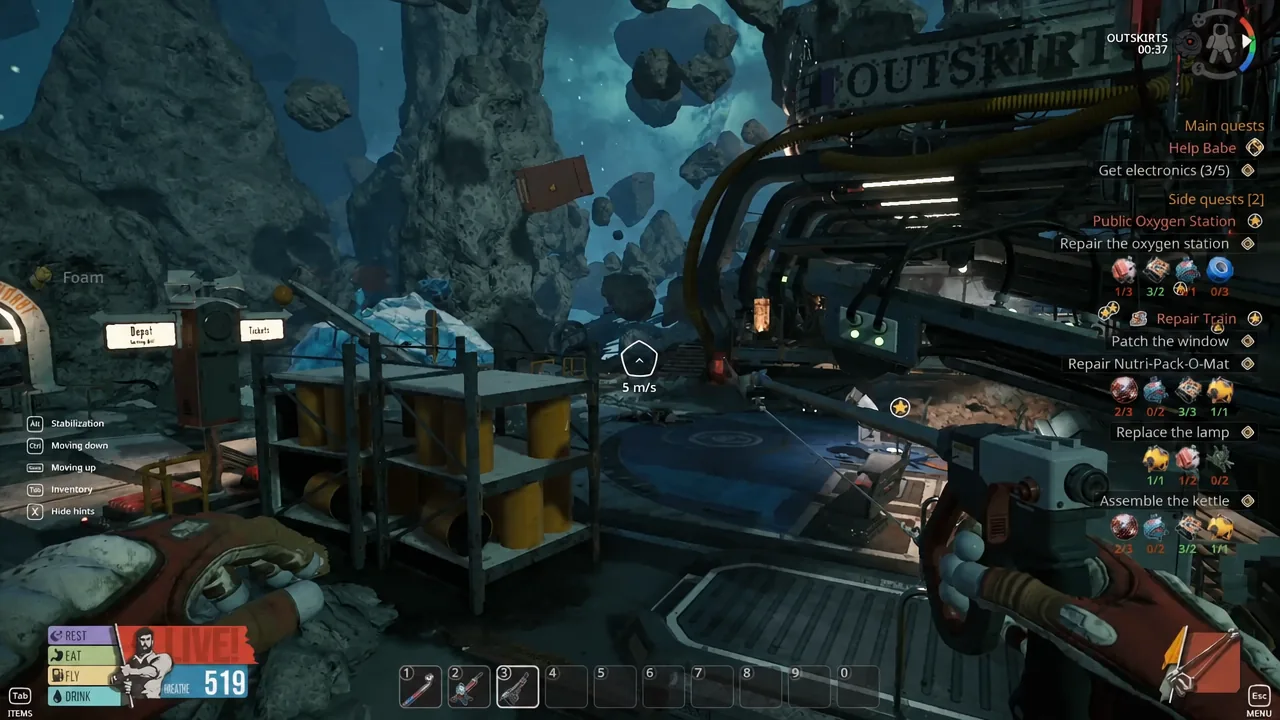 Repair the oxygen station objective on screen while the player aims a tool at the damaged station in the Outskirts