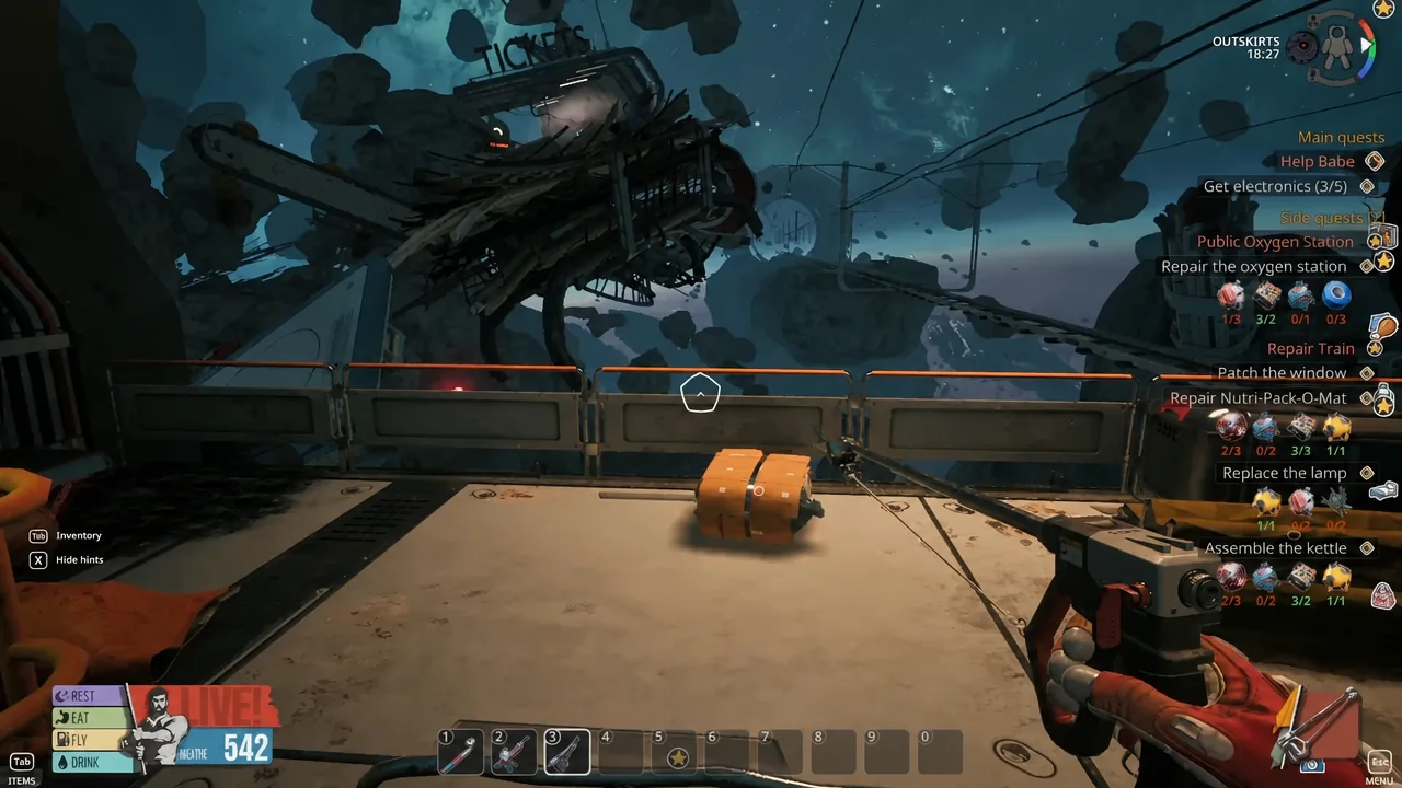 Player using the Cutter on a cardboard box just outside the crashed train