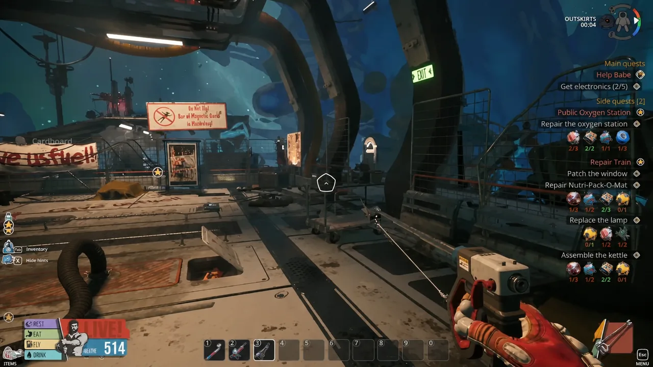 Handheld tool aimed at a station walkway with the Side quests tracker highlighted on the HUD