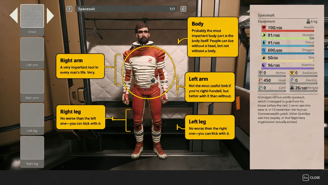 Spacesuit screen at the Wardrobe with the Body slot highlighted on the character model