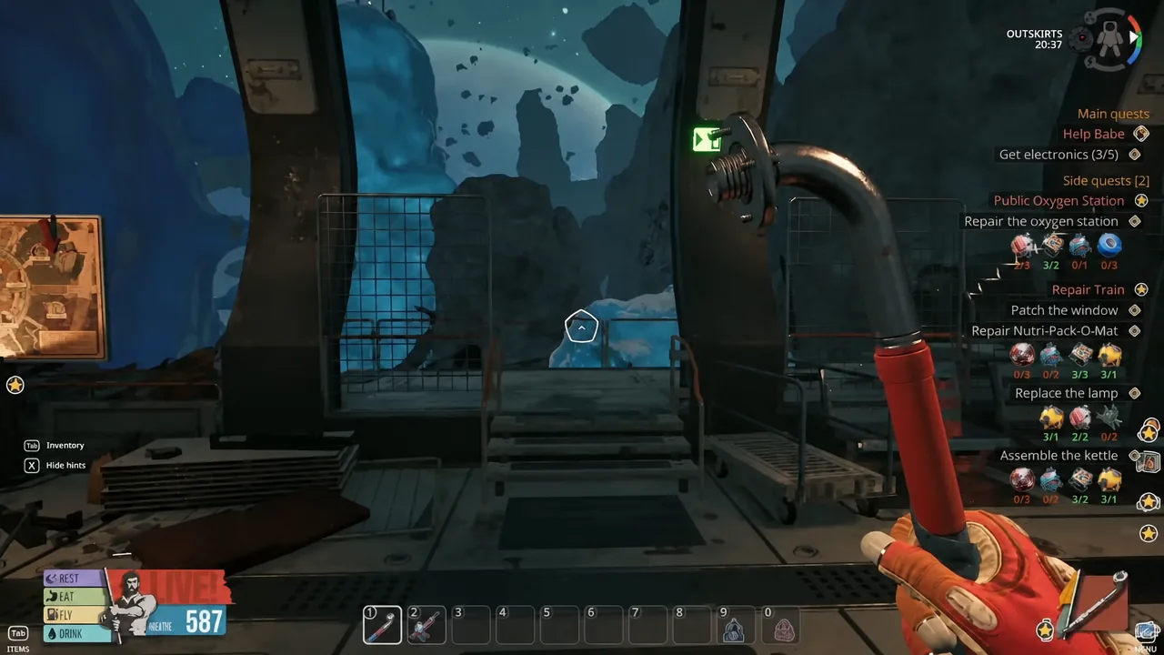 Outskirts platform with a wrench equipped and the repair the oxygen station objective active