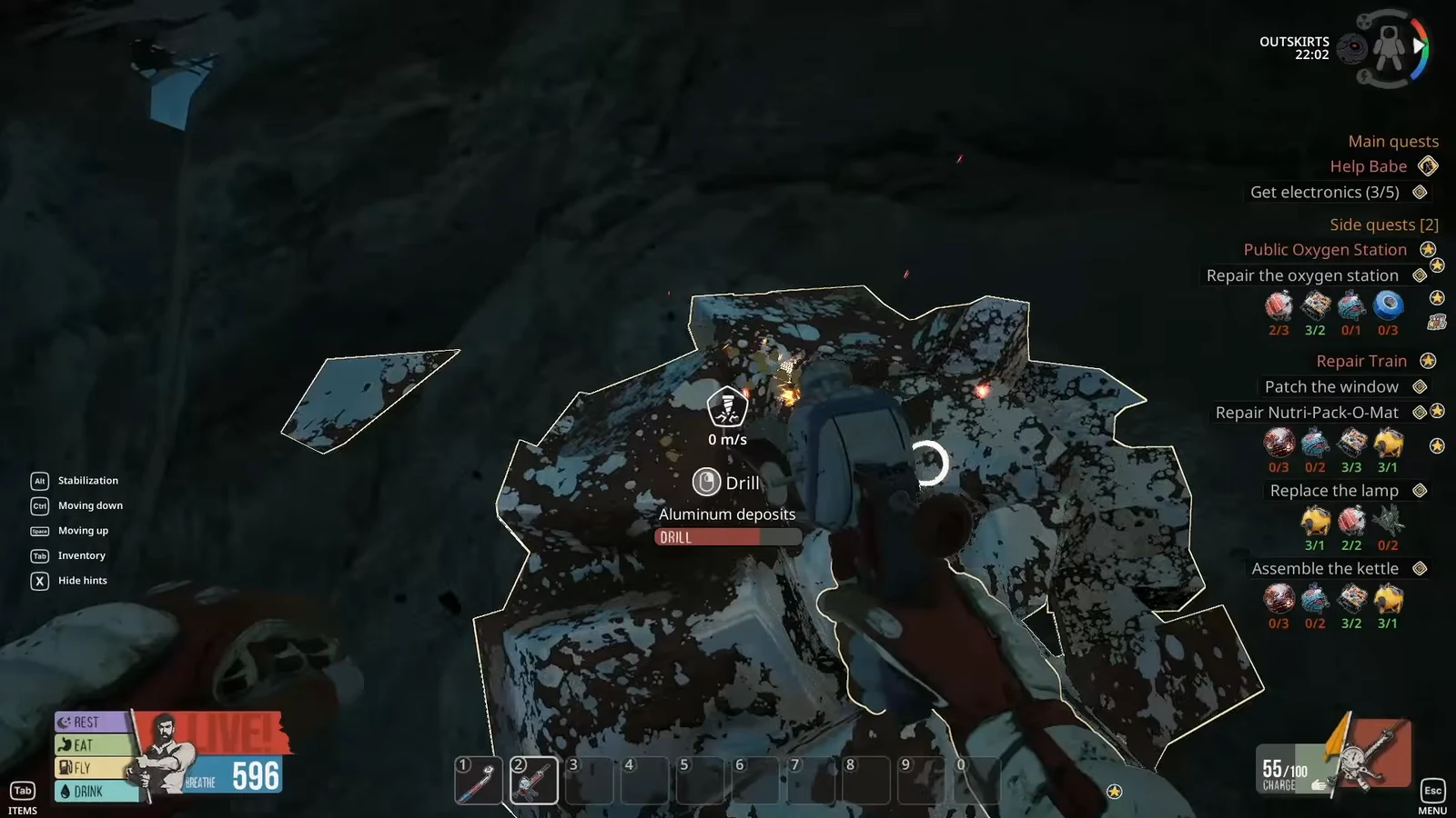 Drilling an aluminum deposit on an asteroid with the progress bar partly filled