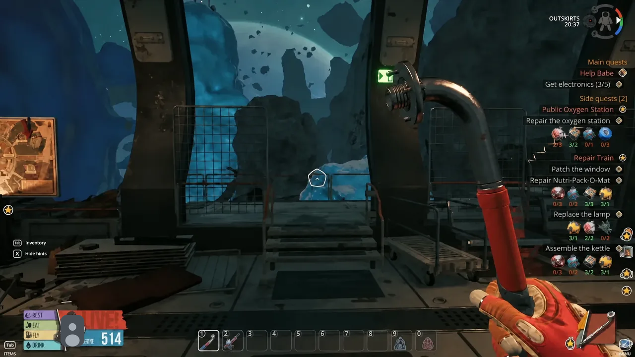 Outskirts platform with a wrench equipped and the repair the oxygen station objective active