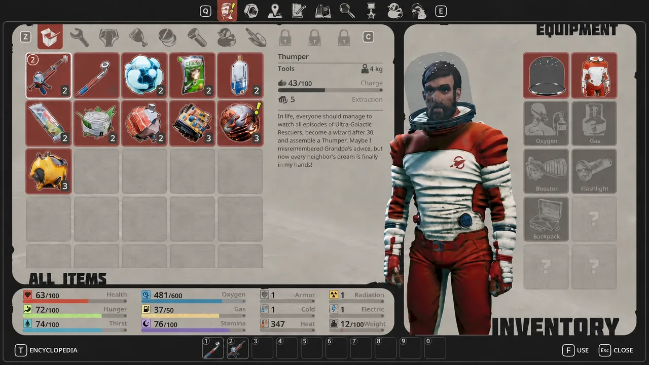 Inventory screen with the Thumper tool selected, showing its stats and description