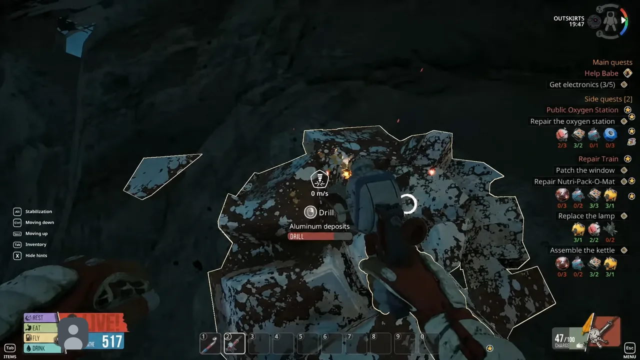 Drilling an aluminum deposit on an asteroid with the progress bar partly filled
