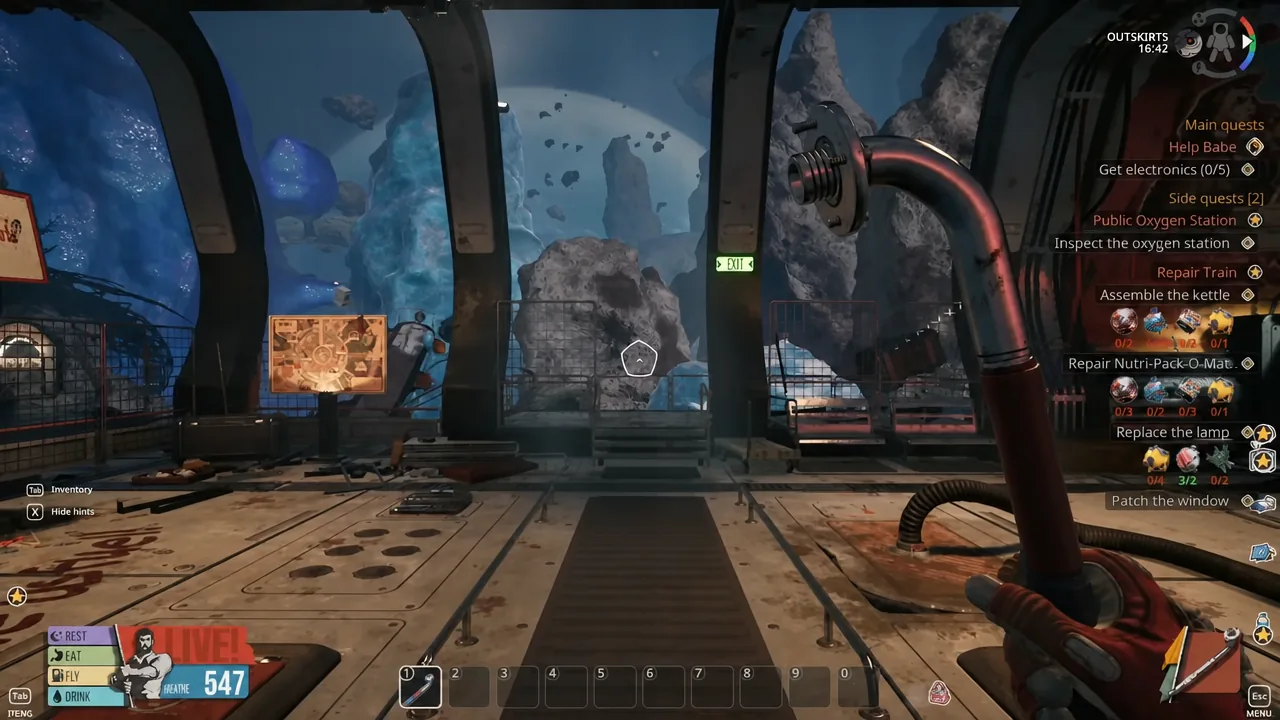 Player smashing a floating barrel outside the train in Breathedge 2 to collect Metal