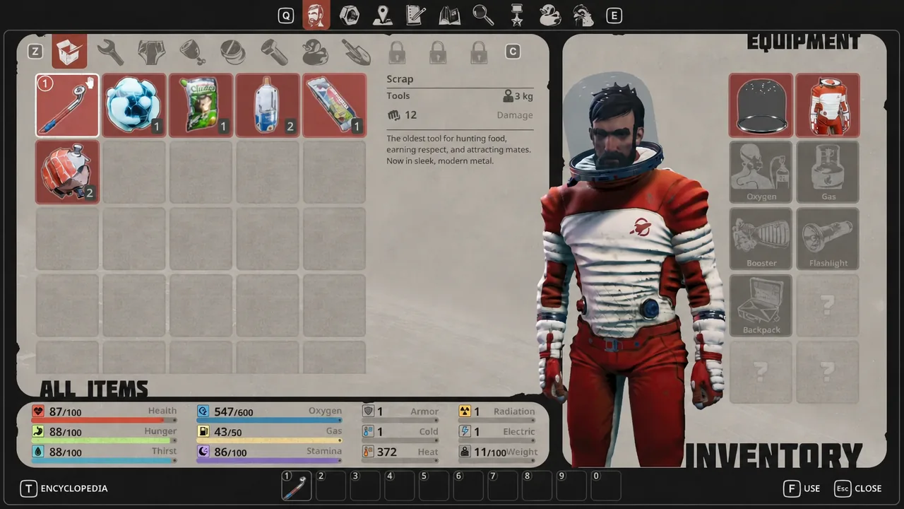 Breathedge 2 inventory screen with the Scrap tool selected in the first hotbar slot