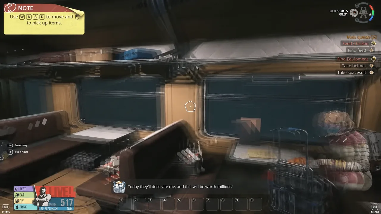 Opening train cabin with the movement tutorial active while collecting the helmet and spacesuit