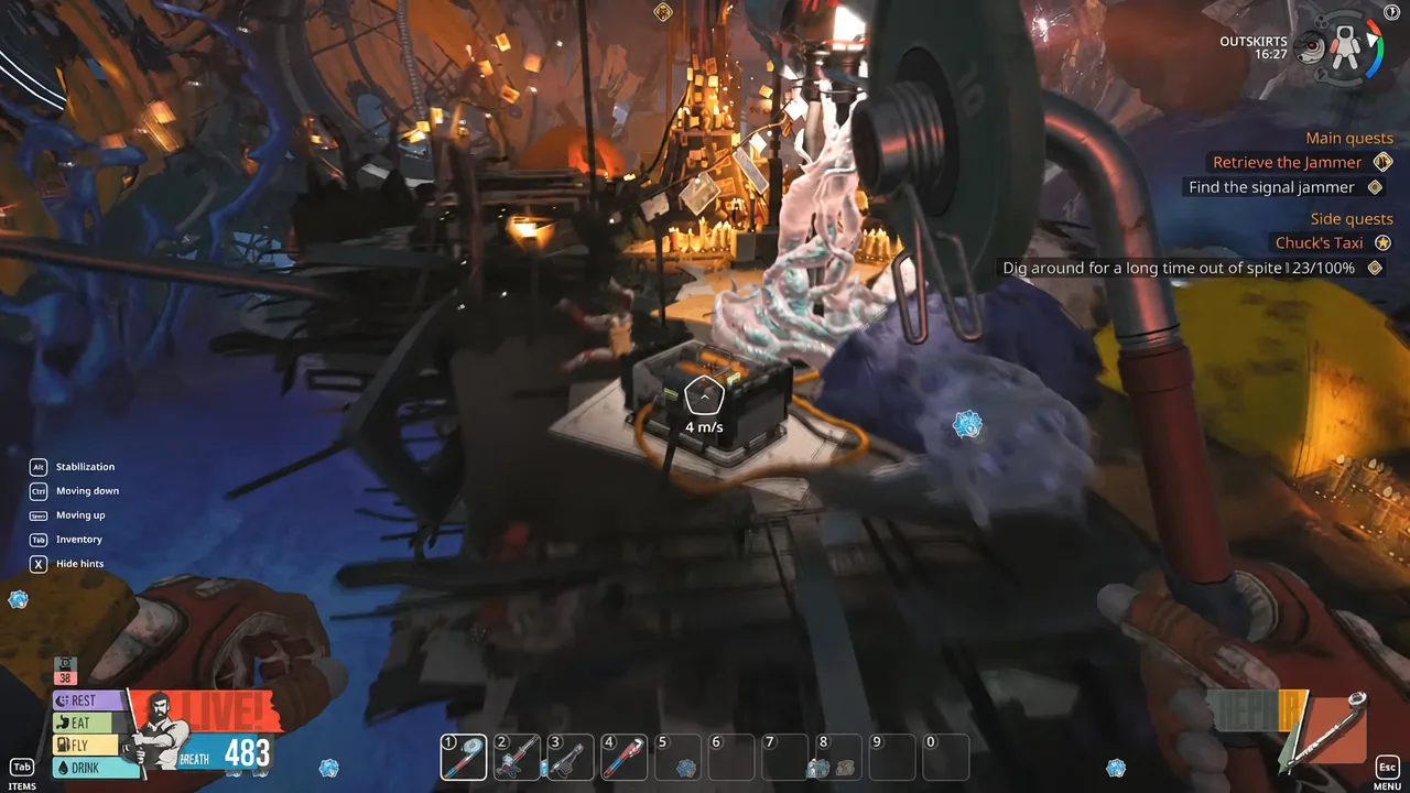 Player lining up the signal jammer device on a platform during the Find the signal jammer objective