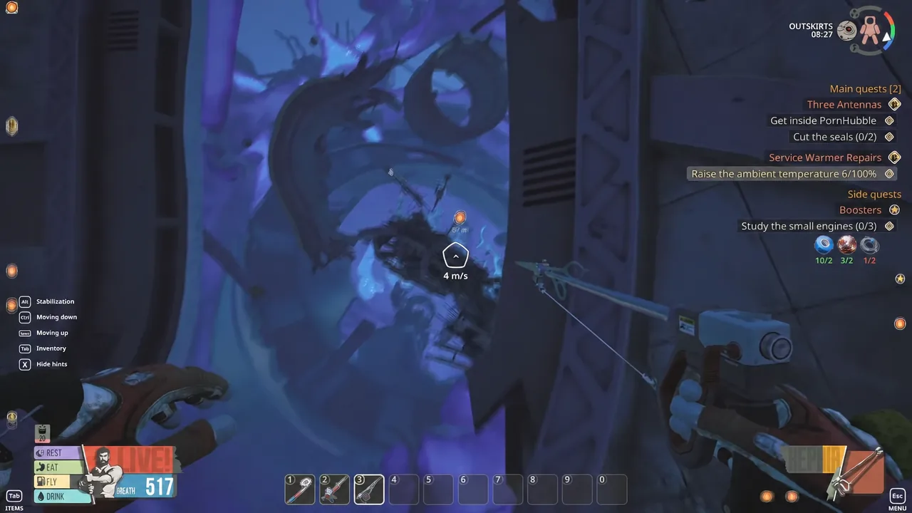 Raise the ambient temperature 9/100% objective shown while moving through a flooded passage with a tool equipped