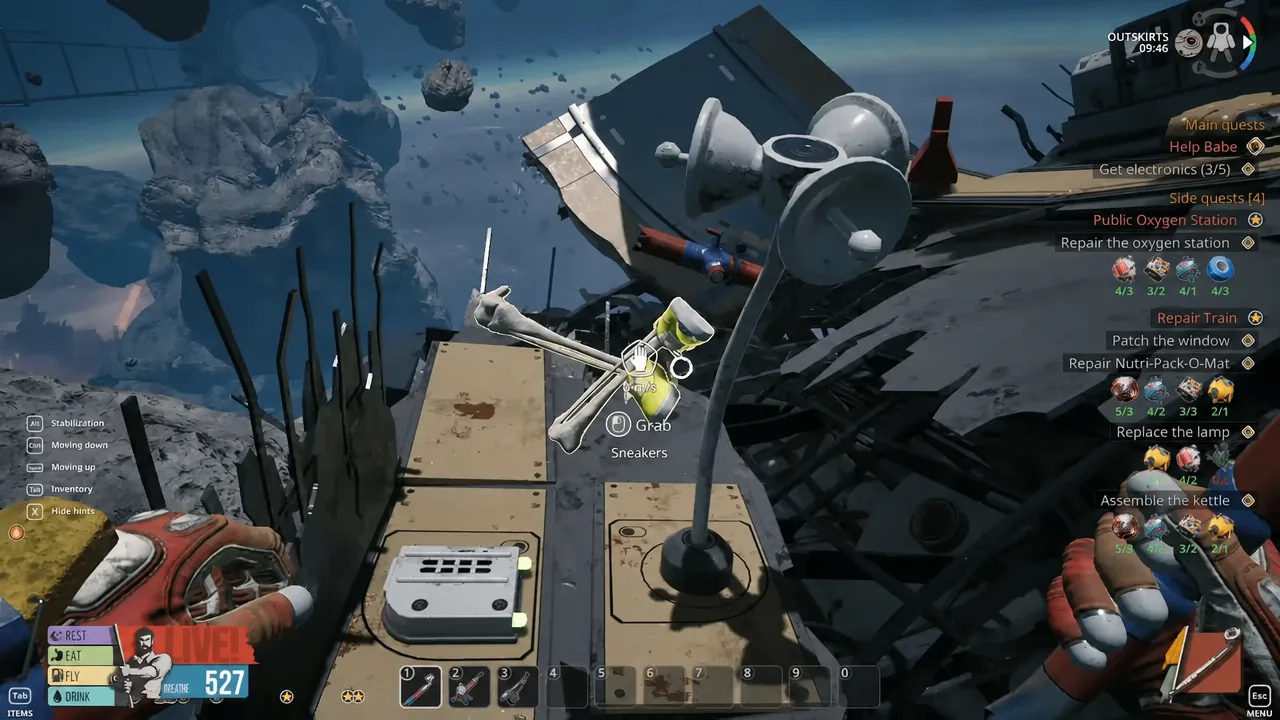 Floating yellow Sneakers highlighted with a Grab interaction prompt next to a wreck loudspeaker