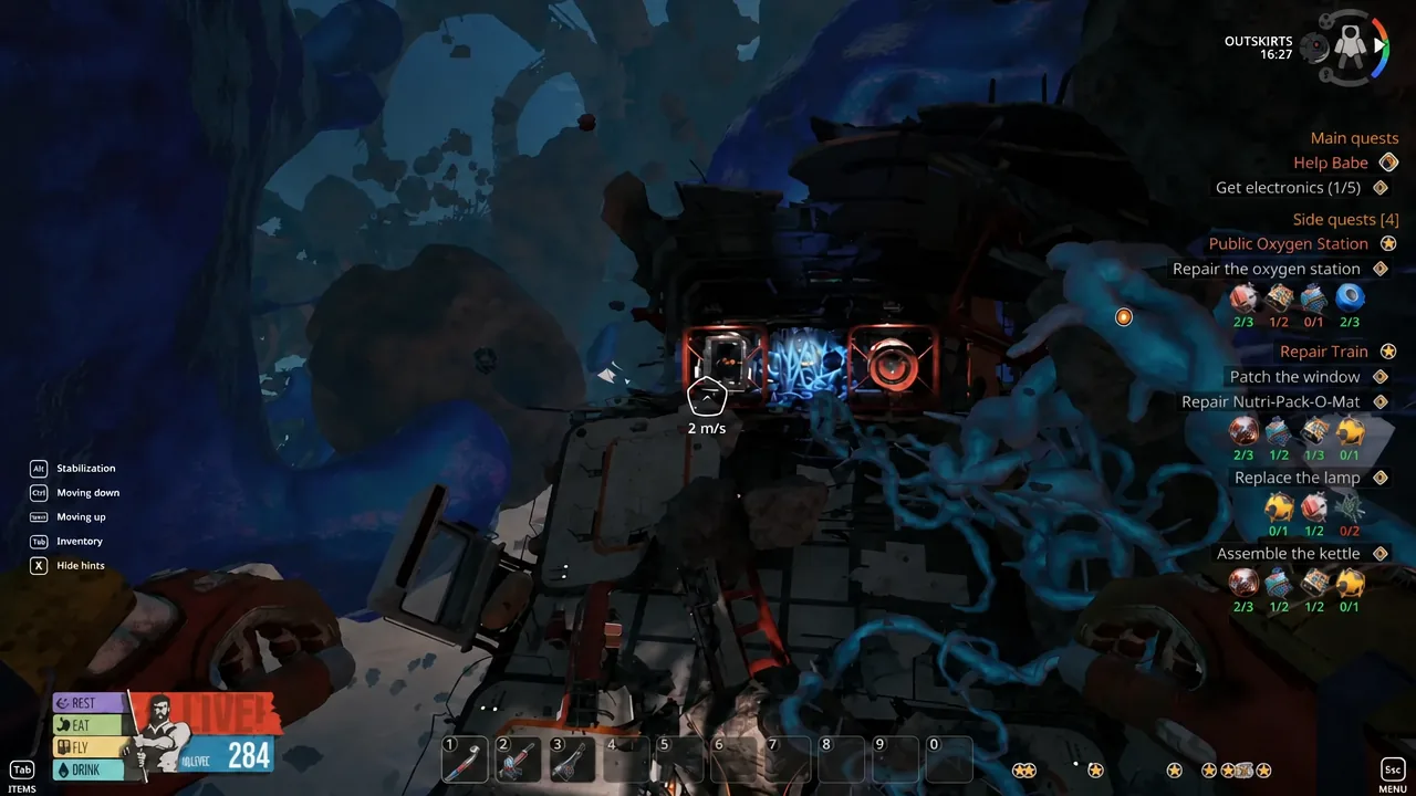The wrecked red and white bus floating in the icy canyon below the Outskirts station platform