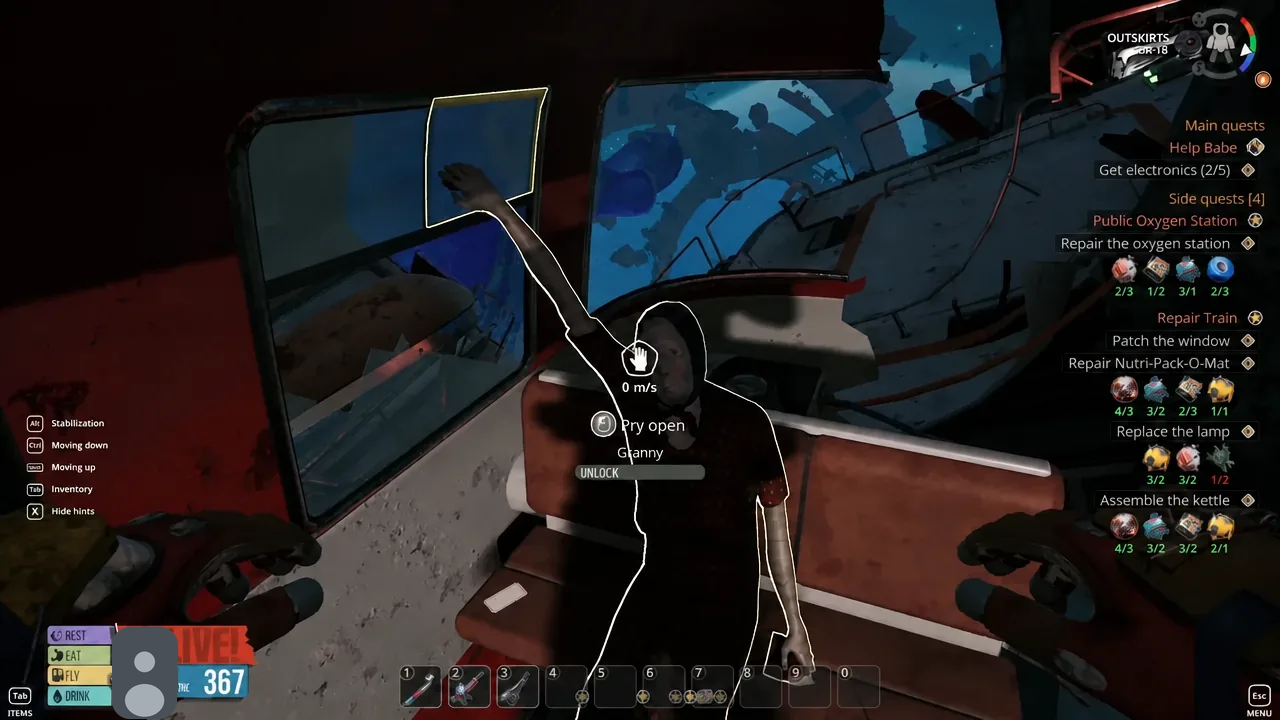 The Pry open interaction prompt shown next to the Granny NPC holding the bus window