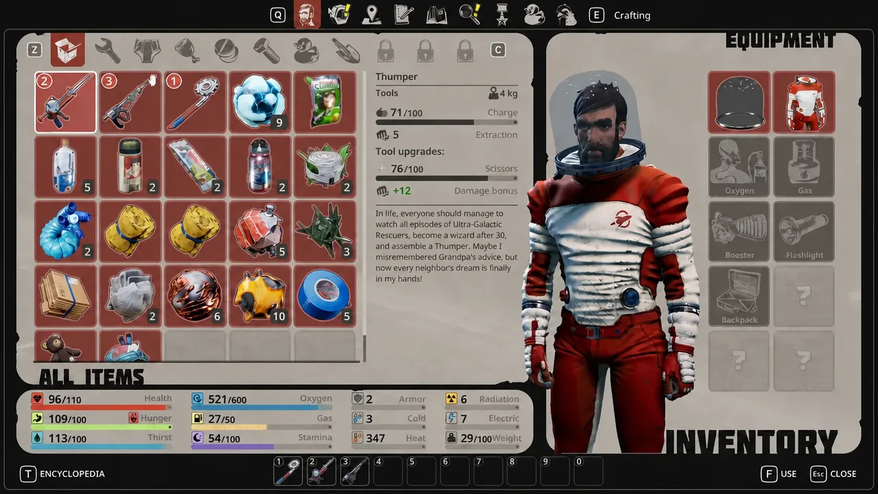 Equipment inventory screen with a tool selected, showing charge, extraction and damage bonus stats