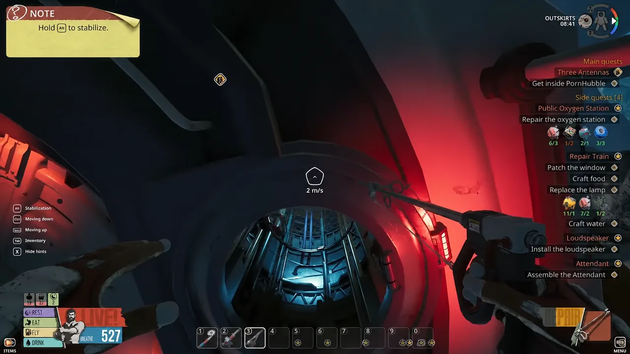 Aiming a tool at the interior hatch while the stabilize note sits at the bottom of the screen