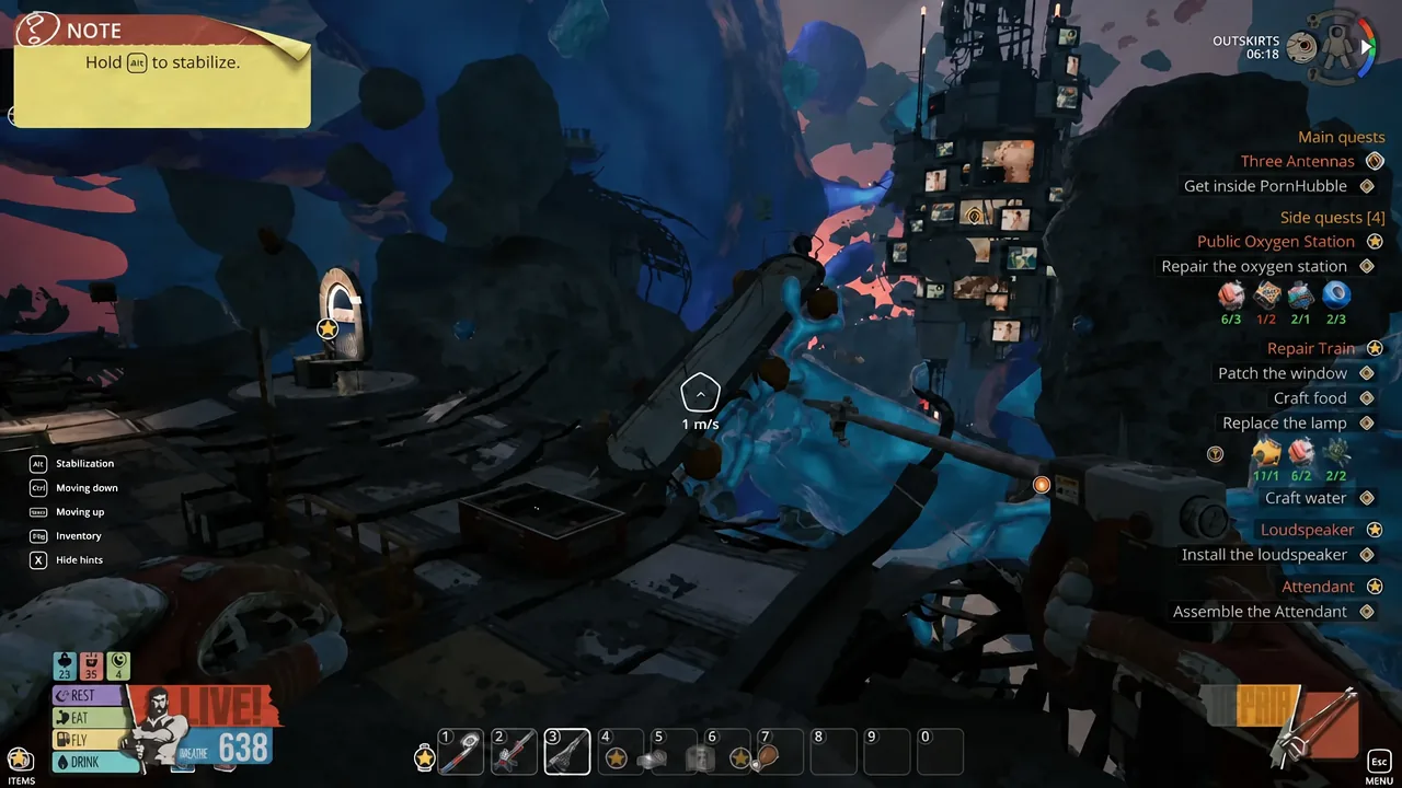 Flying through open space toward the antenna structure with the stabilize prompt on screen
