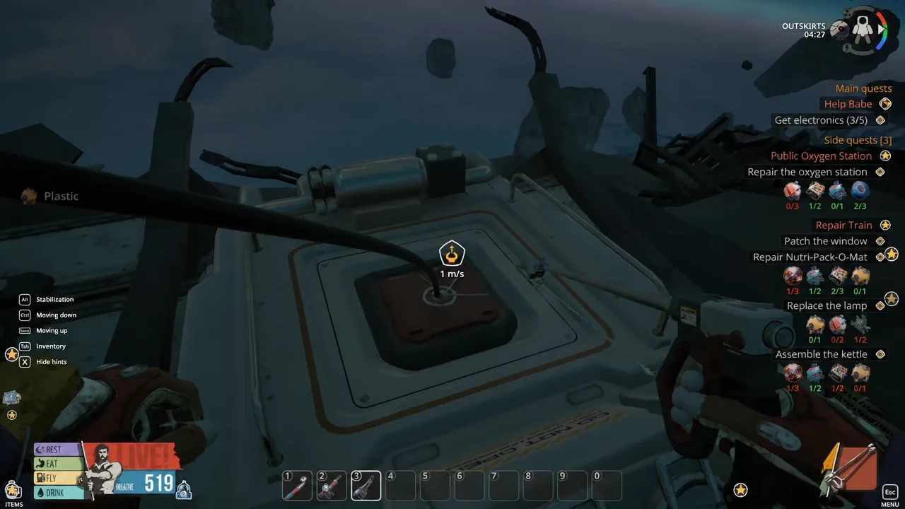 A second red hatch panel on space wreckage being opened to collect the Scissors part