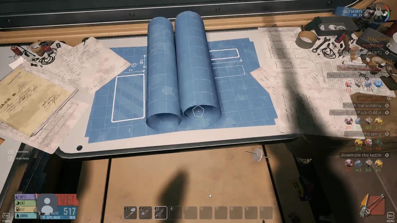 Blueprint bench upgrade screen applying the Scissors part to the Cutter tool