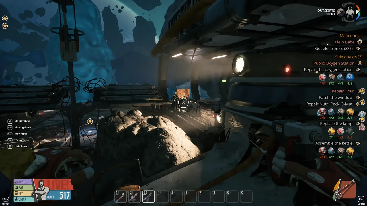 Main quests panel visible while returning through the station toward the cabin