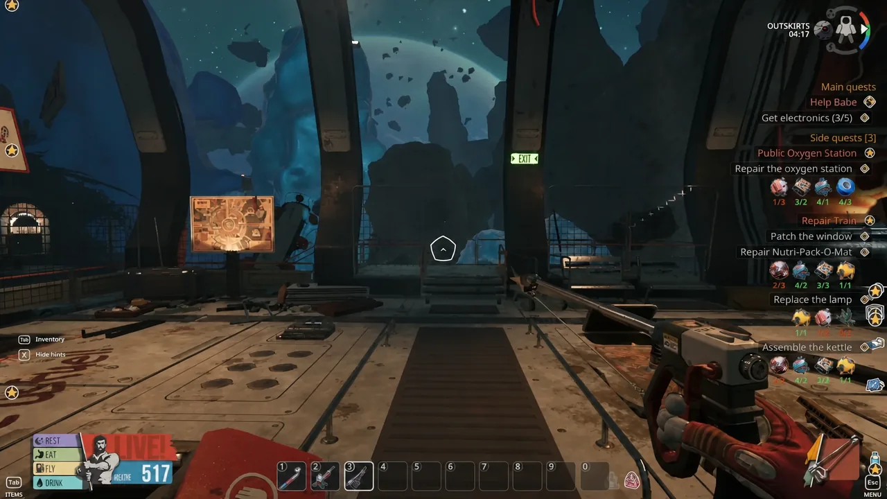 Outskirts view with the Exit sign ahead and quest objectives shown while leaving the cabin