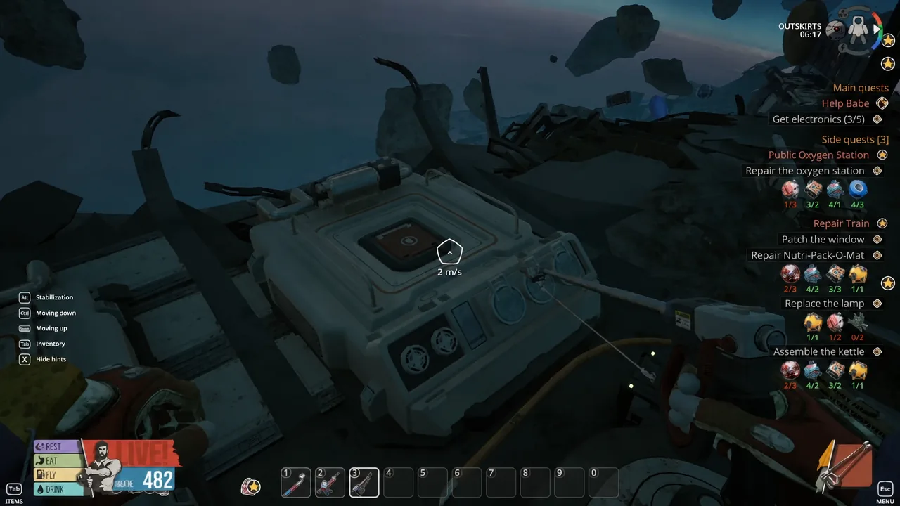 Reticle centered on a console in the Outskirts with the oxygen station repair objective tracked