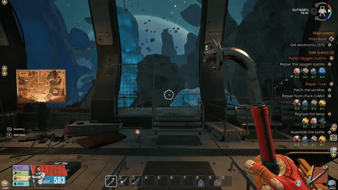 First-person view outside the station with a tool selected in the first hotbar slot.