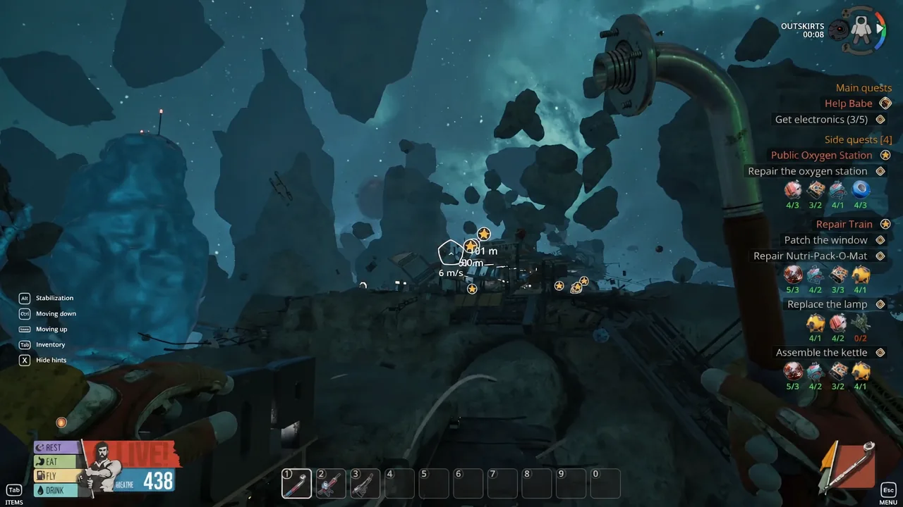 Player flying back toward the Outskirts station while police bots give chase.