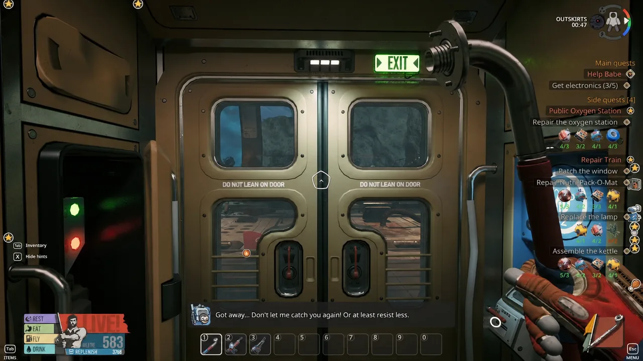 The EXIT door centered under the interaction reticle inside the Outskirts station.