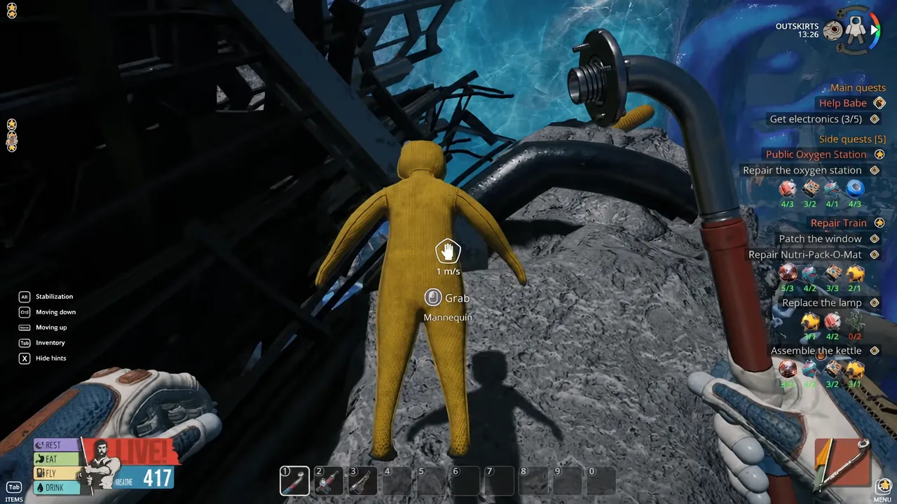 A yellow mannequin highlighted in front of the player with the Grab interaction prompt on screen