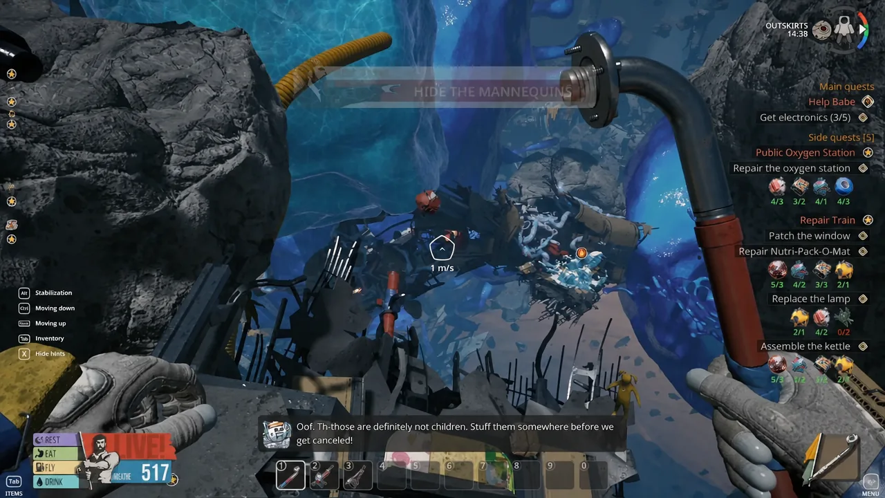 The Hide the Mannequins objective active on screen while flying through the wreckage with the pipe tool equipped