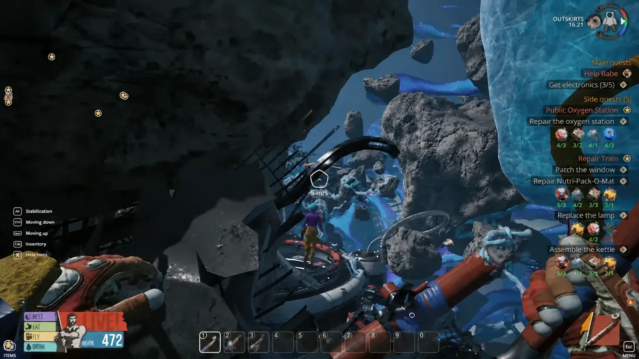 Player flying forward through the Outskirts wreckage toward the far side of the playground platform